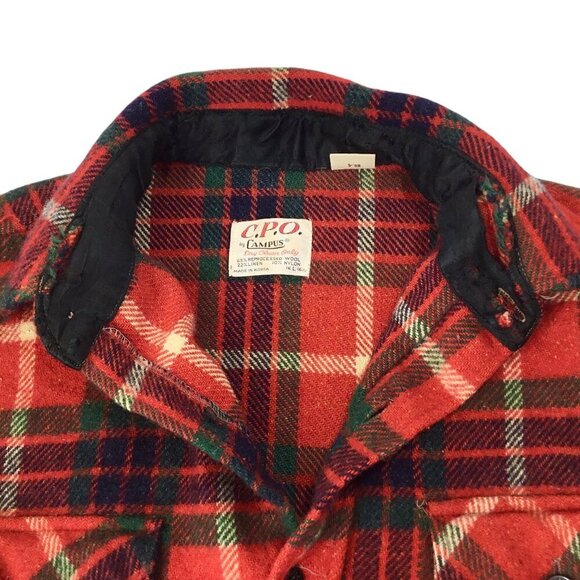 Vintage Campus C.P.O CPO Wool Blend Red Plaid Shirt Jacket Jac Large 16-16 1/2 - Picture 8 of 9